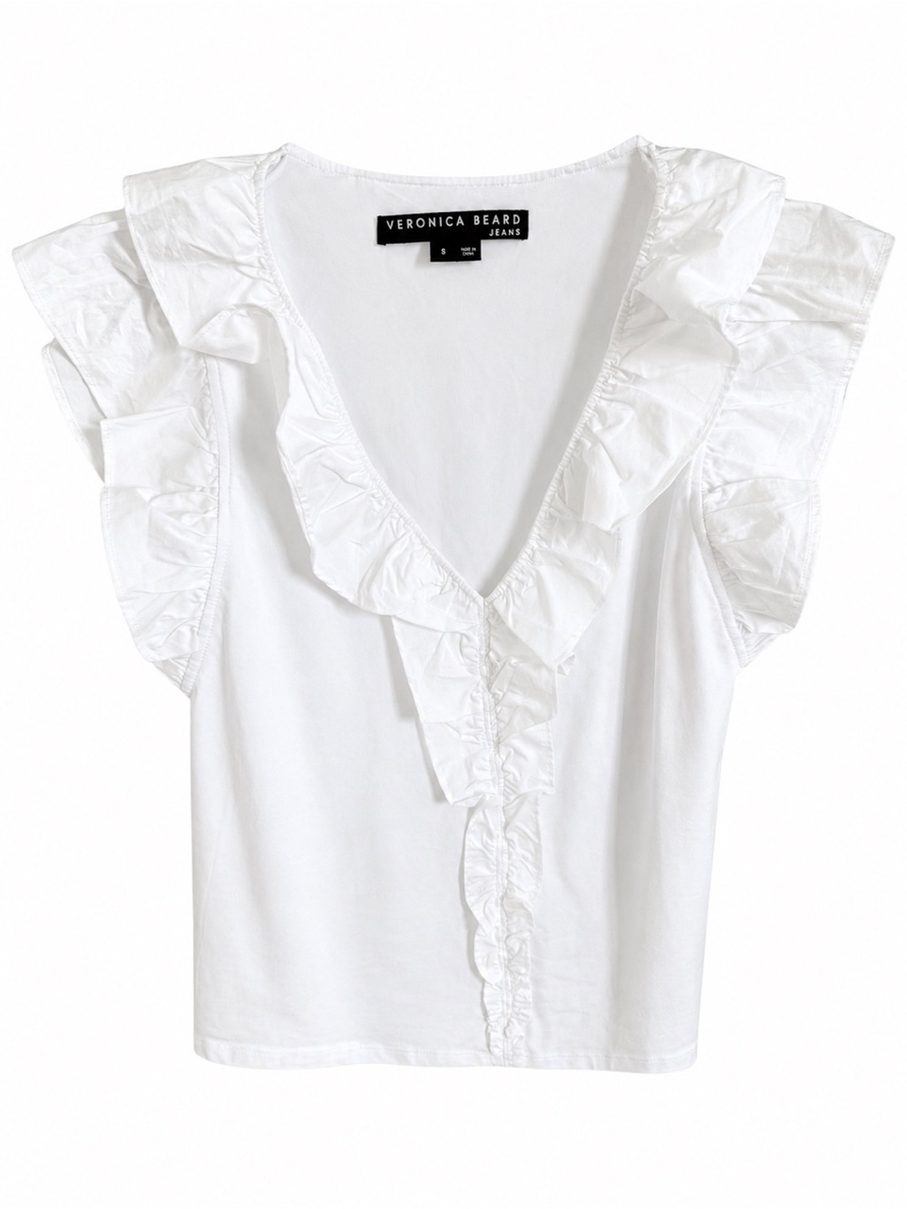 Veronica Beard White Ruffle Trim V-Neck Camisole